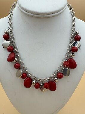 Artisan Red Beaded Silver-Tone Charm Necklace. 96